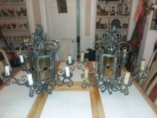 2 Spanish Revival Arts & Crafts Wrought Iron Hanging Chandelier Ceiling Fixture