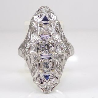 Vtg Antique Art Deco Diamond Sapphire 18k White Gold Ring Filigree Size 8.  5 Lhc3