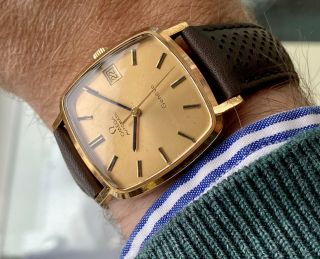 Omega Vintage Geneve Gold Date Automatic Leather Mens Square Dial Watch,  Box