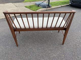 Mid Century Modern Settee Bench Wood Spindle Curved Back 4