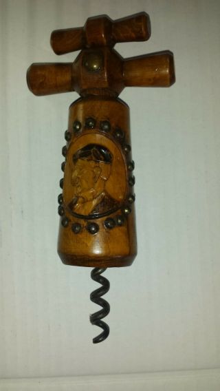 Vintage Hand Carved Wooden Double Handled Cork Screw Wine Bottle Opener Of A Man