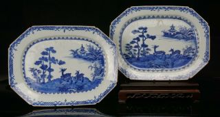 Large Pair Antique Chinese Blue And White Porcelain Deer Plate Charger 18th C