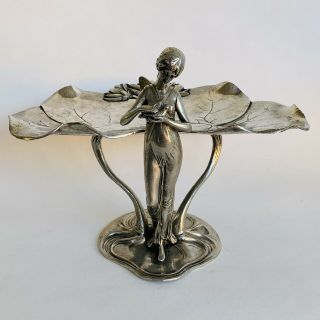 Antique Wmf Art Nouveau Maiden Lady & Dove Silvered Pewter Card Tray Metalware