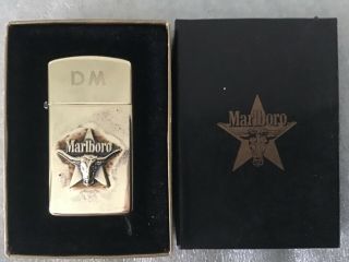 Rare Vintage Zippo Marlboro Steer Brass Slim Lighter W/box Usa Made