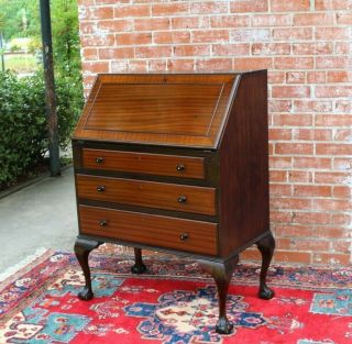 English Antique Stripped Mahogany Ball & Claw Slant Front Drop Desk With Key