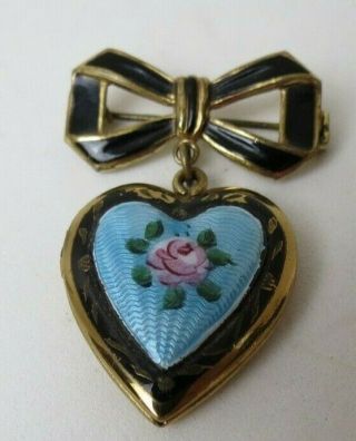 Vintage Blue Guilloche Enamel Rose Black Trim Heart Locket Photo Brooch