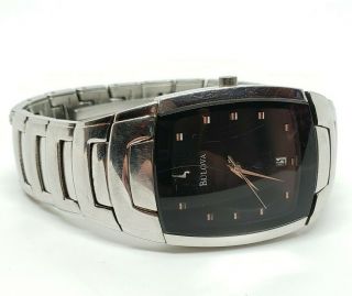 Mens Bulova Watch C876727 Stainless Steel Black Face Date Square Wrist Watch