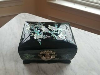Vintage Black Lacquer Jewelry Box With Abalone Birds Flowers Branches Rectangle