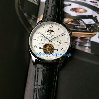 43mm Parnis White Dial Week Date Day Jhs35 Automatic Mens Watch Moon Phase