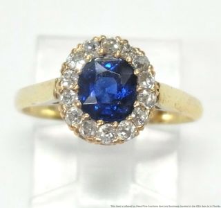 Gia No Heat Royal Blue Natural Sapphire 14k Gold Ring Diamond Halo Antique Sz6.  5