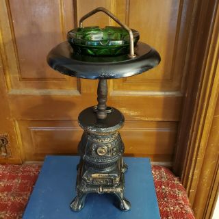 Vintage Cast Iron Woodstove Standing Ashtray With Vintage Green Ashtray