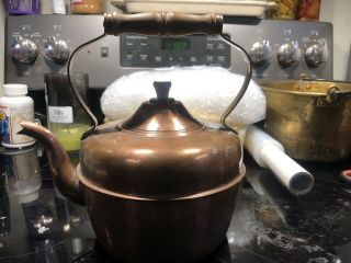 Vintage Copper Tea Pot Kettle Made In Portugal With Wood Handle - Gooseneck