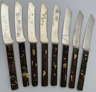8 Gorham Aesthetic Figural Parcel Gilt Copper Sterling Mixed Metals Knives