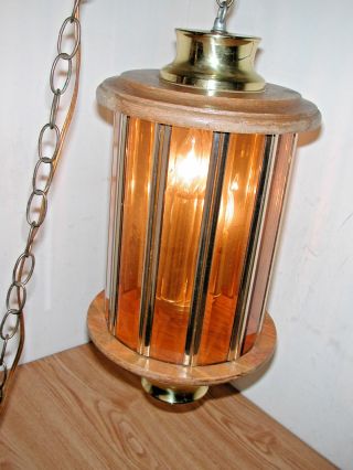 Vintage Round Oak Wooden And Glass 3 - Bulb Hanging Swag Chained Ceiling Light