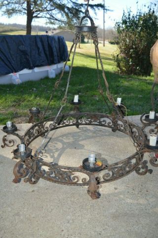 Antique Gothic Spanish Revival Wrought Iron 8 Light Chandelier Big & Heavy