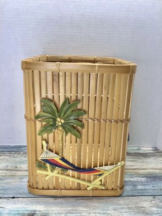 Vintage Rattan Bamboo Wastepaper Trash Can Bohemian Mid Century Tiki Bar Beach