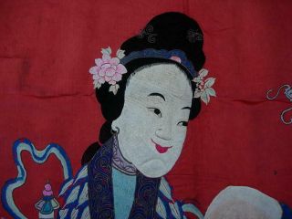 ANTIQUE CHINESE EMBROIDERED RED SILK PANEL WALL HANGING WITH IMMORTALS 5