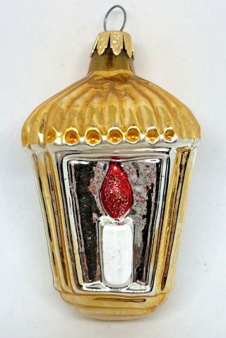 Vintage Molded Glass Hand Painted Lantern Ornament W/ Red Candle West German