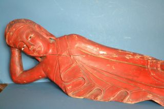 Very Large Antique 19th Century Thai Carved Wood /painted Reclining Buddha,  C1890
