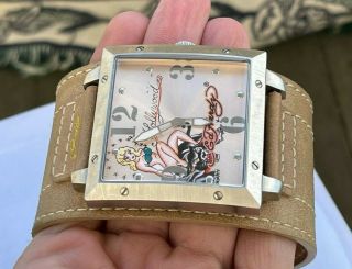 RARE Vintage Ed Hardy Men ' s Watch Wristwatch & Box Hollywood Pin Up Girl Large 2