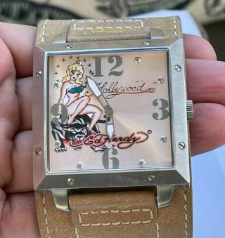 RARE Vintage Ed Hardy Men ' s Watch Wristwatch & Box Hollywood Pin Up Girl Large 3