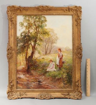 Antique Ernest Walbourn English Landscape Oil Painting,  2 Girls Fishing