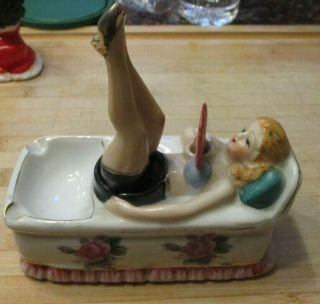 Vintage Nodder Sexy Lady Ashtray - Risque Bobbing Legs & Fan,  Made In Japan.
