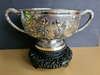 Large Antique Chinese Silver Export Floral Bowl Handles 1kg
