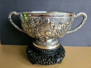 LARGE ANTIQUE CHINESE SILVER EXPORT FLORAL BOWL Handles 1kg 2