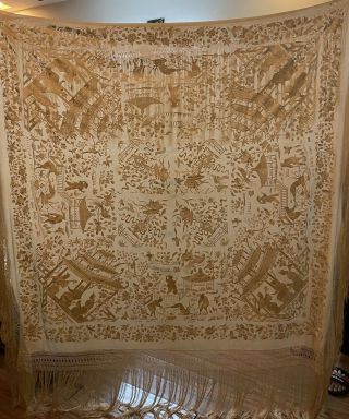 Antique Chinese Hand Embroidered Pure Silk Piano Shawl 160 X 156 Fringe 46 Cm