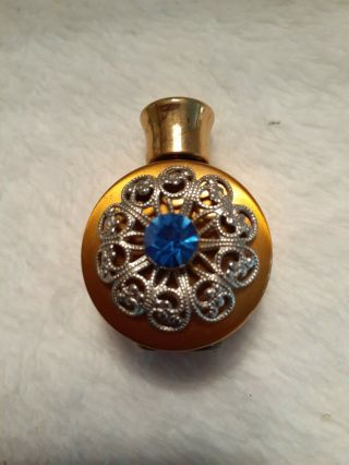 Vintage Mini Perfume In Brass Bottle W/ Blue Rhinestone.  White Embers 1 1/2 "