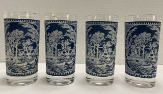 4 Vintage Currier And Ives Blue And White 12 Oz Tumblers Glasses By Royal 5 1/2 "