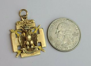 Solid 14k Yellow Gold Antique Scottish Rite Masonic Knights Templar Fob Pendant 6