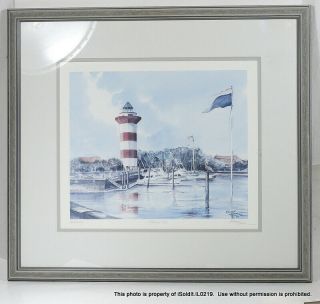 Vintage Framed Signed Barry Honowitz Print - Lighthouse In Harbor