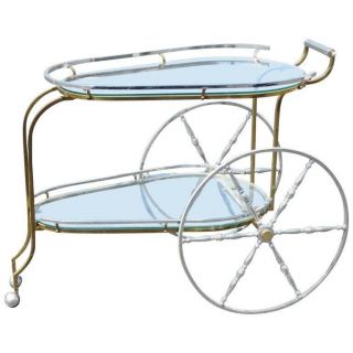 Incredible Italian Made Brass & Chrome Big Wheel Glass Top Tea Serving Cart