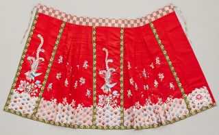 Antique 19th C Late Qing Chinese Hand Embroidered Silk Floral Pleated Skirt