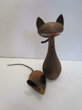 Vintage Mid Century Hand Carved Cryptomeria Wood Modern Cat Mouse Figurine Pair