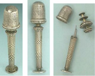 Antique Silver Needlework Compendium/ Thimble Germany Circa 1770 - 80 2