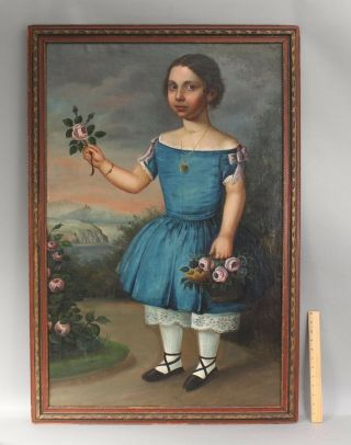 Antique Life - Size American Folk Art Portrait Oil Painting Girl Blue Dress Roses