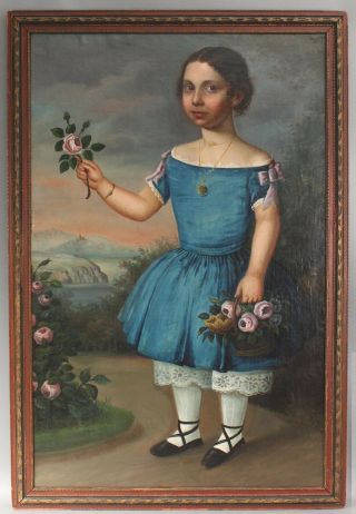 Antique Life - Size American Folk Art Portrait Oil Painting Girl Blue Dress Roses 2