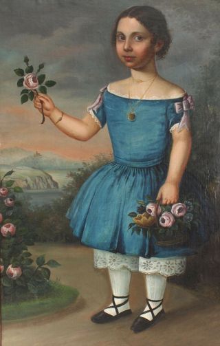 Antique Life - Size American Folk Art Portrait Oil Painting Girl Blue Dress Roses 3