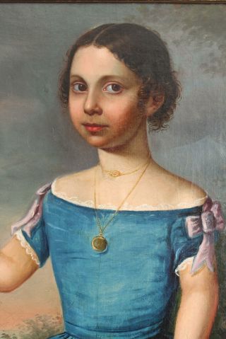 Antique Life - Size American Folk Art Portrait Oil Painting Girl Blue Dress Roses 4