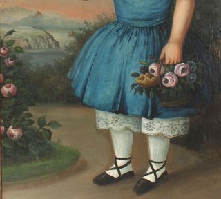 Antique Life - Size American Folk Art Portrait Oil Painting Girl Blue Dress Roses 5