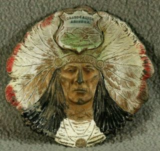 Vtg K&o Co Hand Painted Metal Native American Chief Grand Canyon Arizona Ashtray