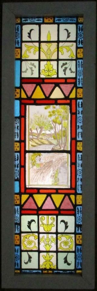 Victorian English Leaded Stained Glass Window Hand Painted Scene 13.  75 " X 42 "