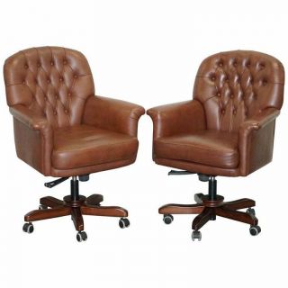 1 Of 2 Very Comfortable Brown Leather Chesterfield Captains Directors Armchairs