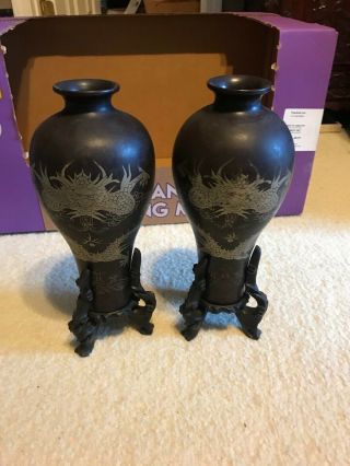 Pair Antique Chinese Lacquerware Vases With Silver Inlaid Dragons W/ Stands 13 " H