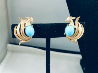 Vtg.  Avon Teal Cab & Brushed Gold Tone Bird Of Paradise Clip On Earrings