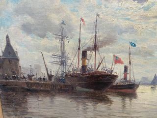 Amelie Burdin French Antique Oil Painting Marina Ship Harbor Nautical Seascape
