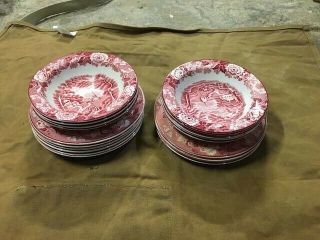 Set Of Vintage Woods Ware Enoch Woods English Scenery Pink Bowls & Plates
